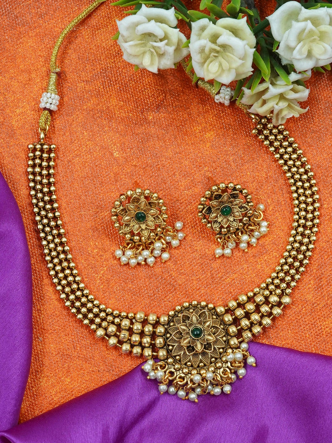 

GRIIHAM Gold-Plated AD-Studded & Beaded Jewellery Set