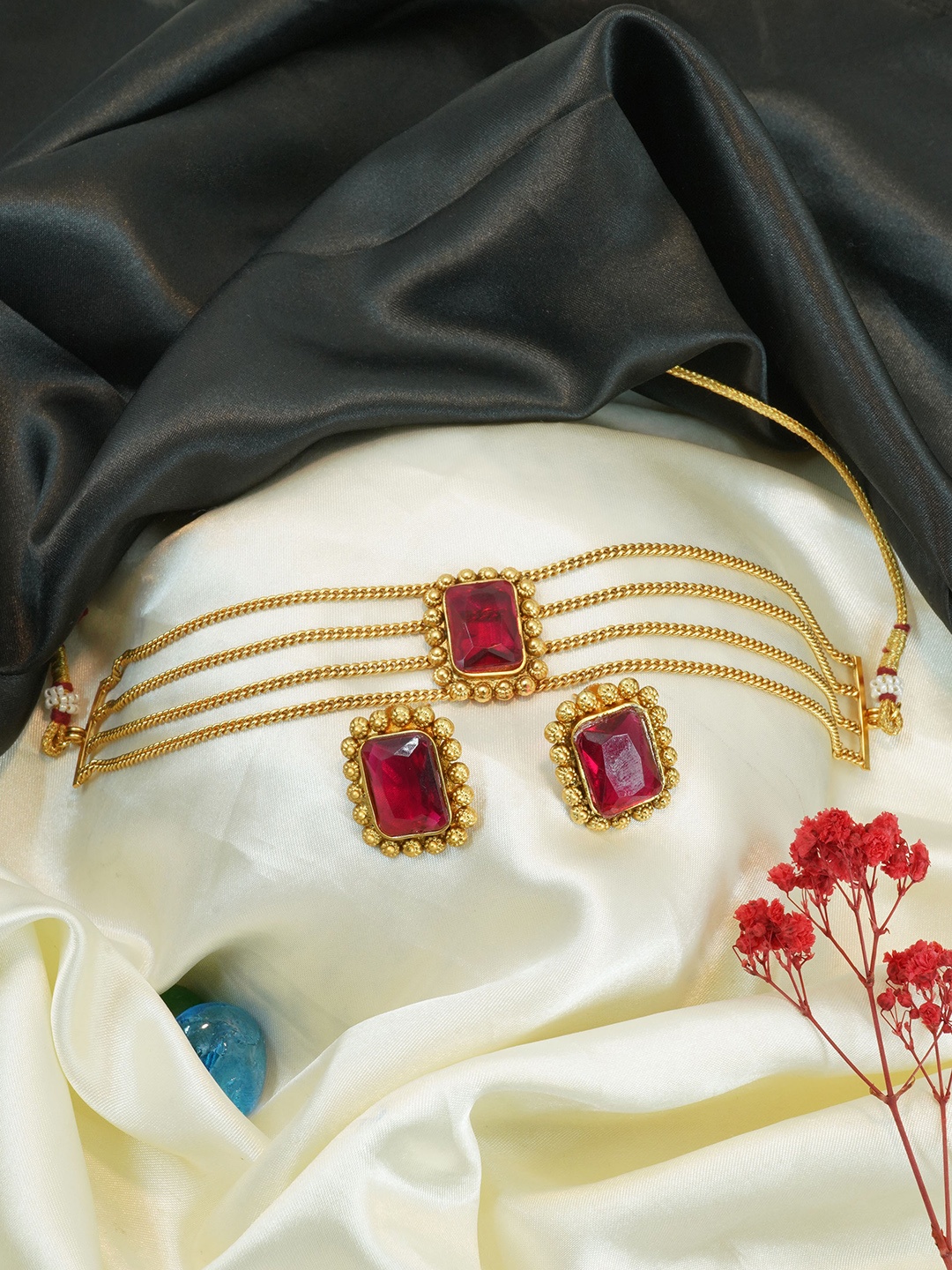 

GRIIHAM Gold-Plated Stone Studded Jewellery Set, Pink