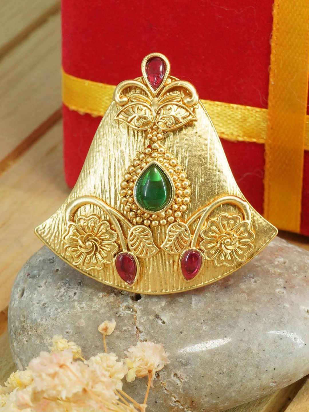 

GRIIHAM Gold-Plated AD Studded Adjustable Finger Ring, Green