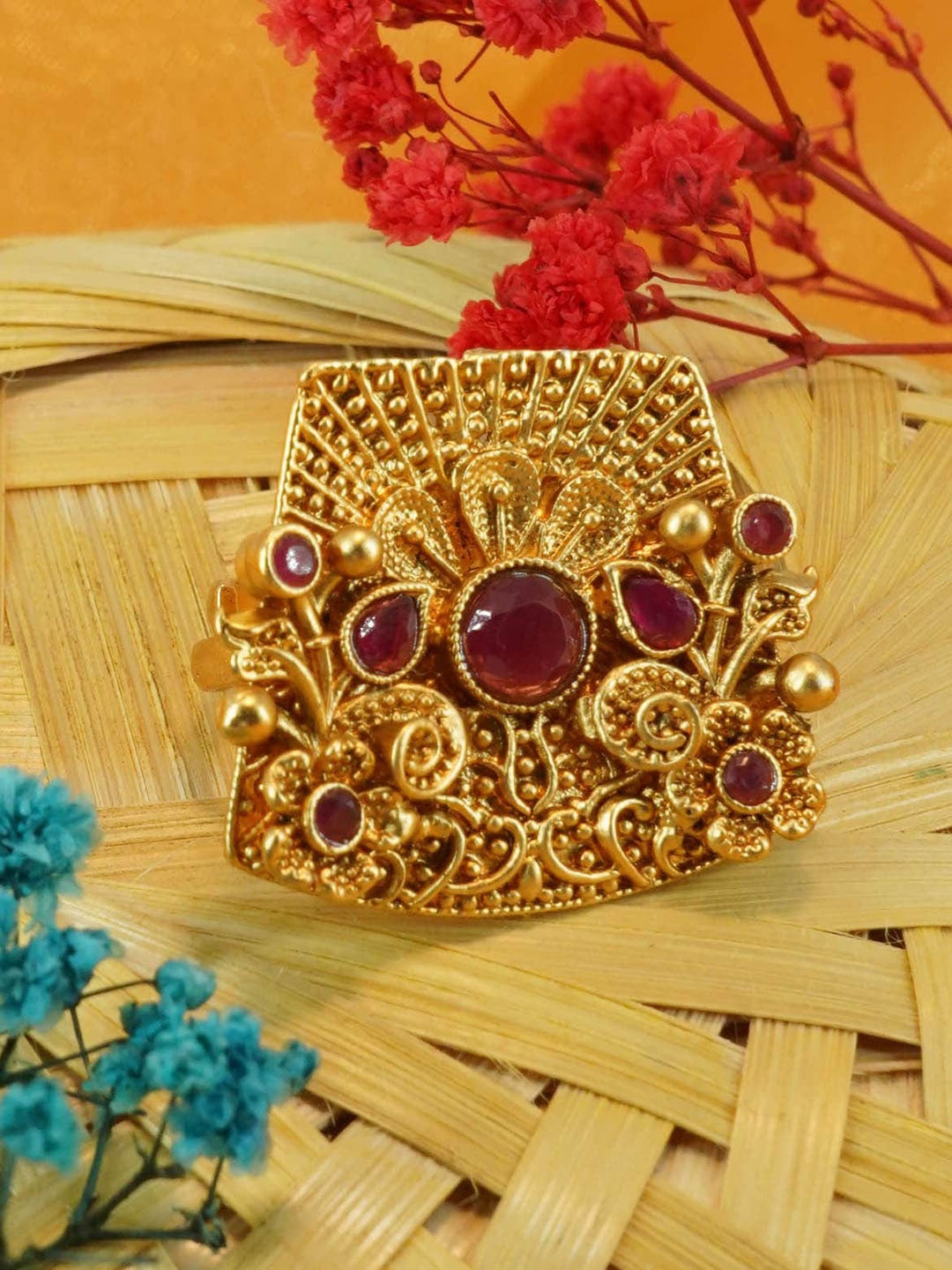 

GRIIHAM Gold Plated AD-Studded Adjustable Finger Ring, Red