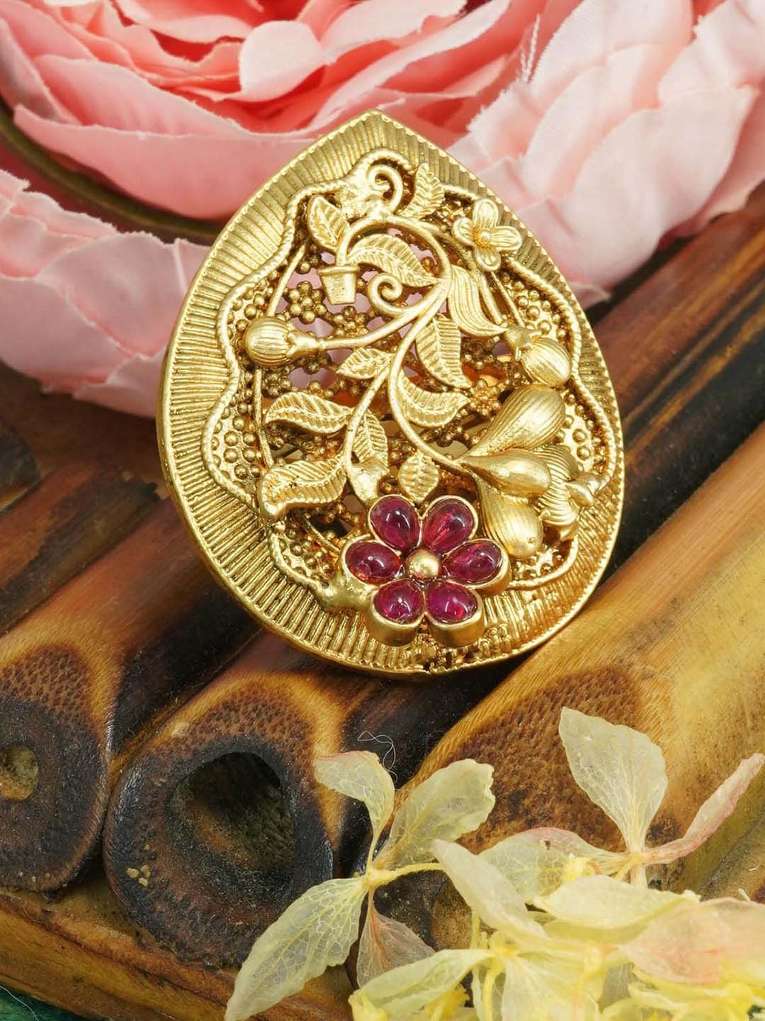 

GRIIHAM Gold-Plated AD Stone-Studded Antique Designer Adjustable Finger Ring