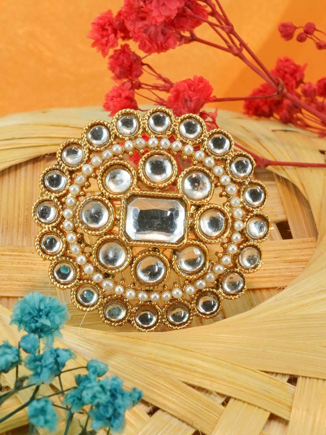 GRIIHAM Gold-Plated Stones-Studded Antique Finger Ring