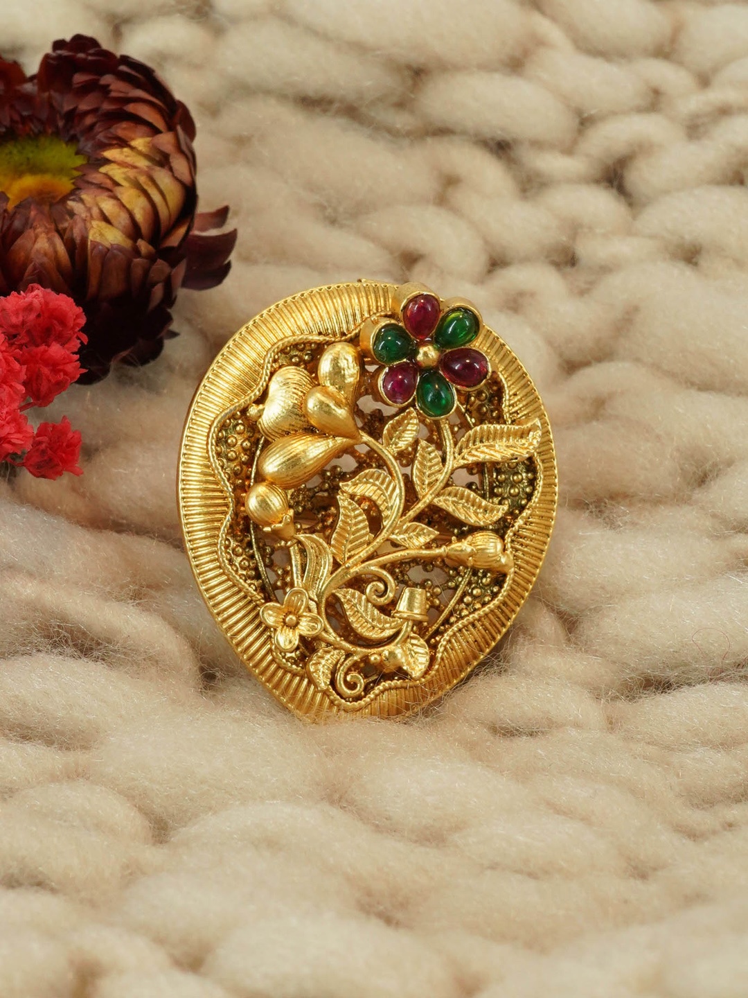 

GRIIHAM Gold-Plated AD Stone-Studded Antique Designer Adjustable Finger Ring