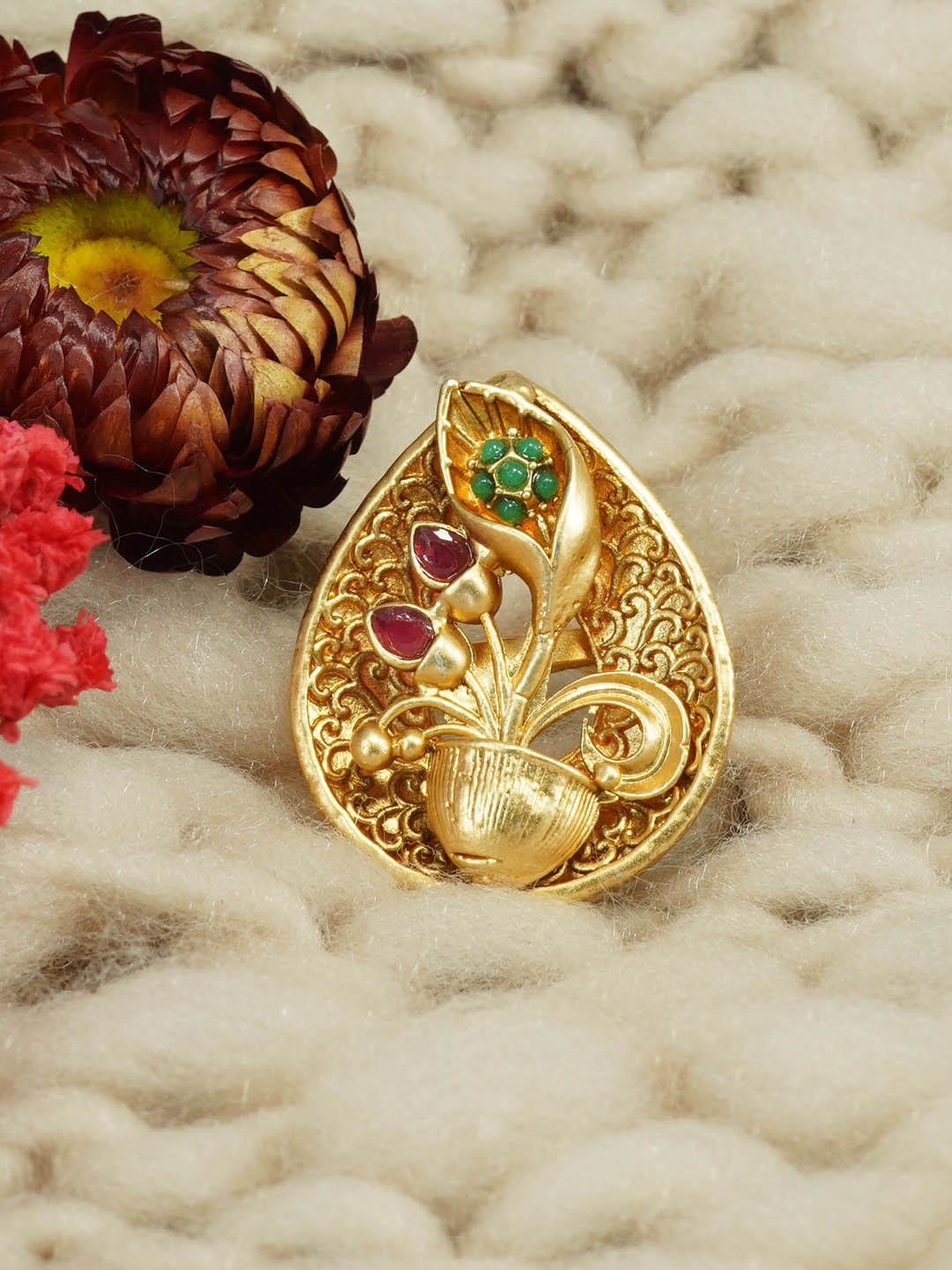 

GRIIHAM Gold-Plated AD Studded Adjustable Finger Ring, Red