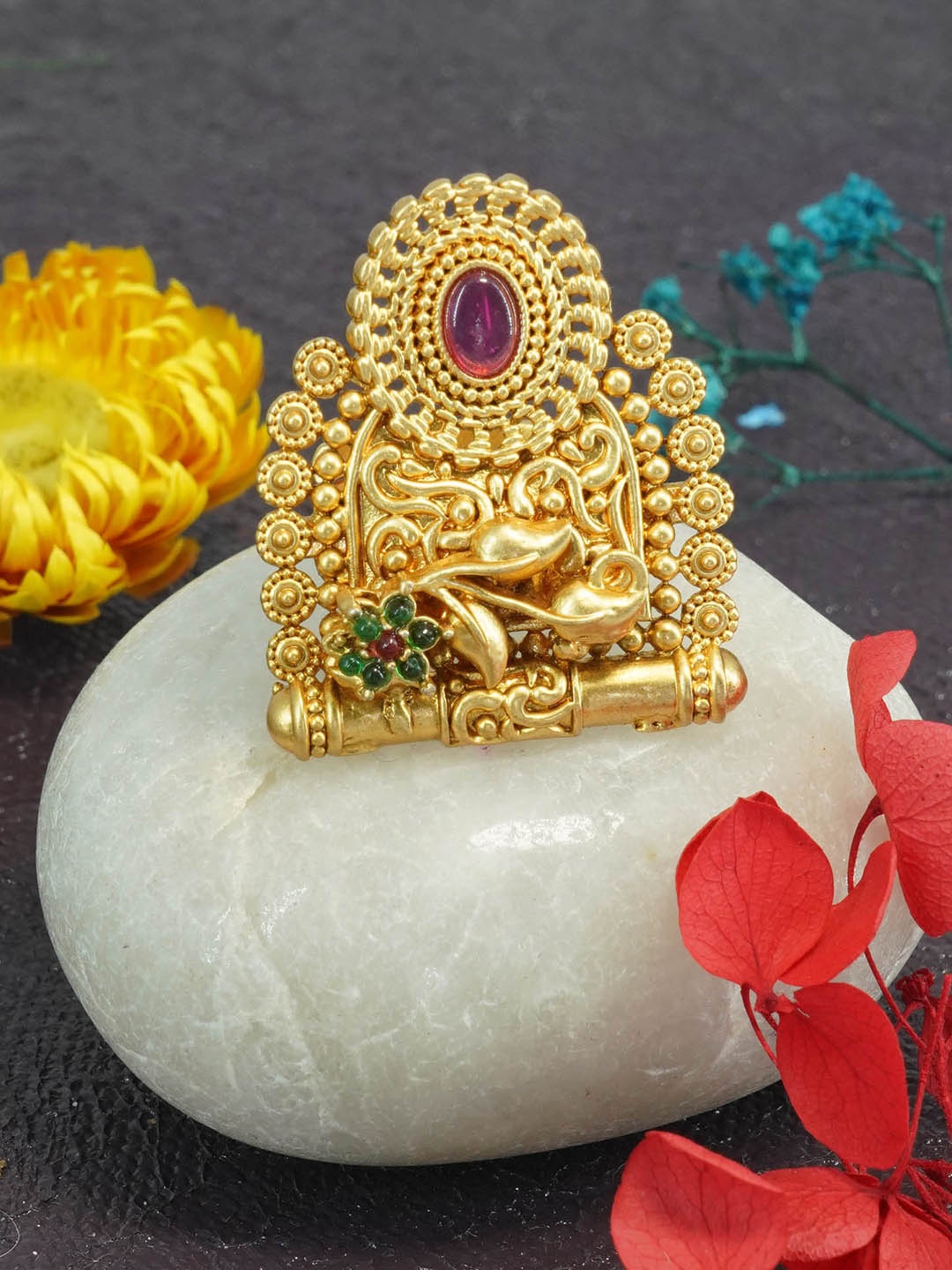 

GRIIHAM Antique Gold-Plated & Stone-Studded Adjustable Finger Ring