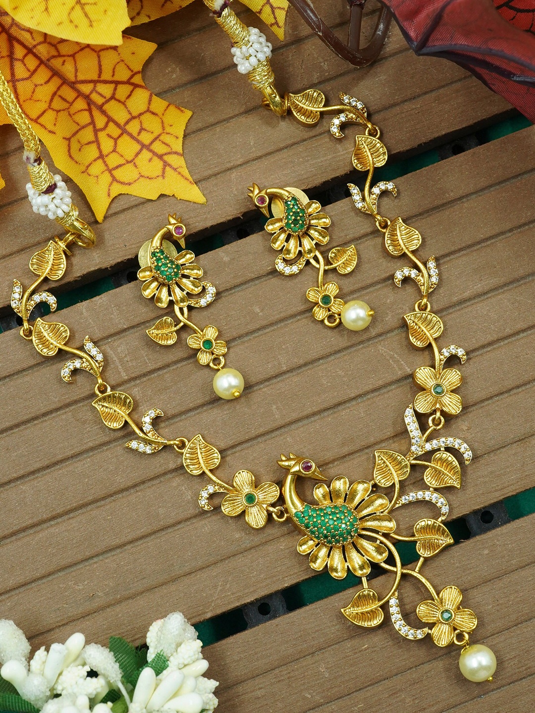 

GRIIHAM Gold-Plated AD Studded & Pearl Beaded Designer Antique Jewellery Set, Green