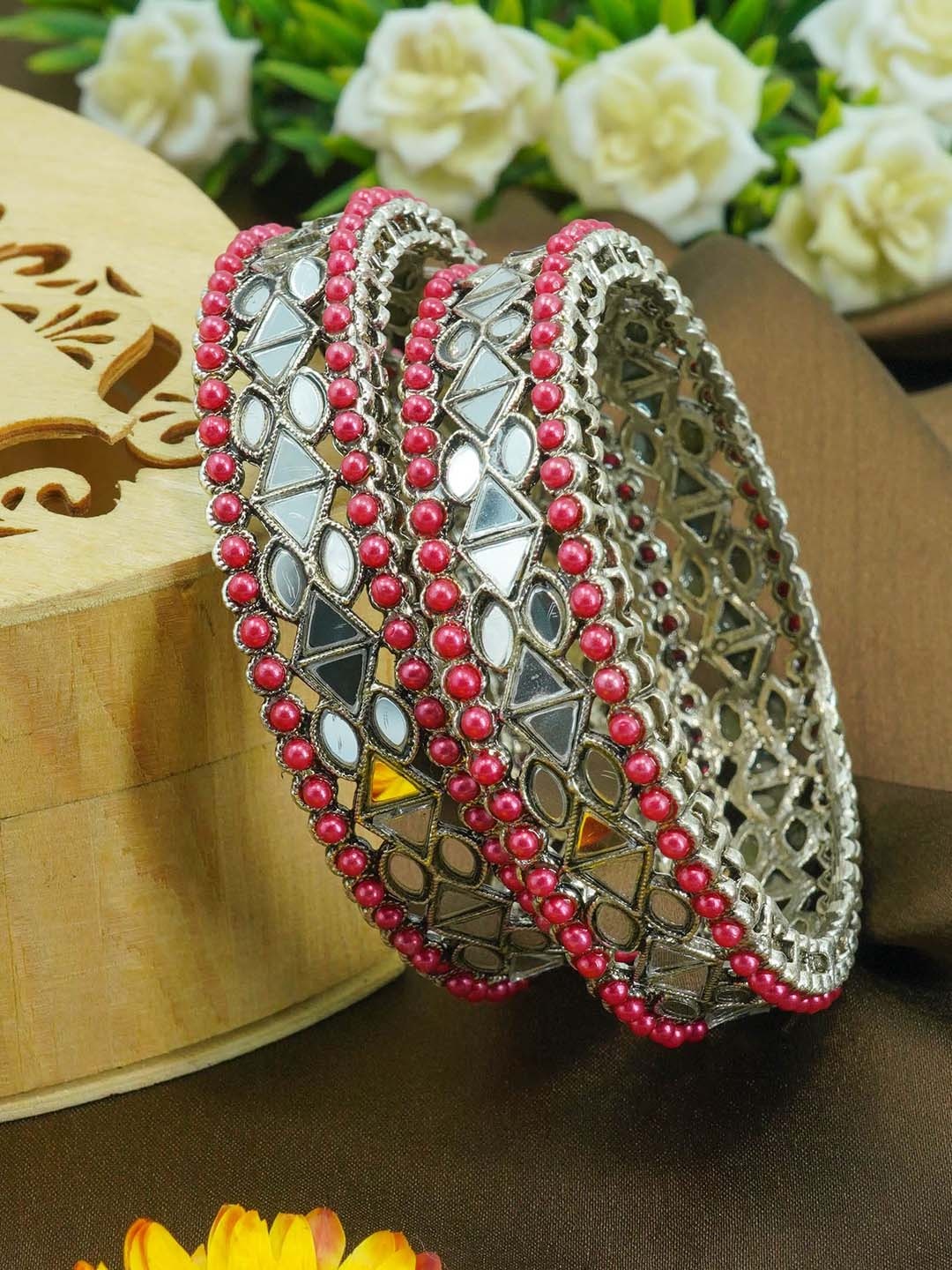 

GRIIHAM Set Of 2 Silver-Plated Oxidized Mirror Work & Beaded Bangles