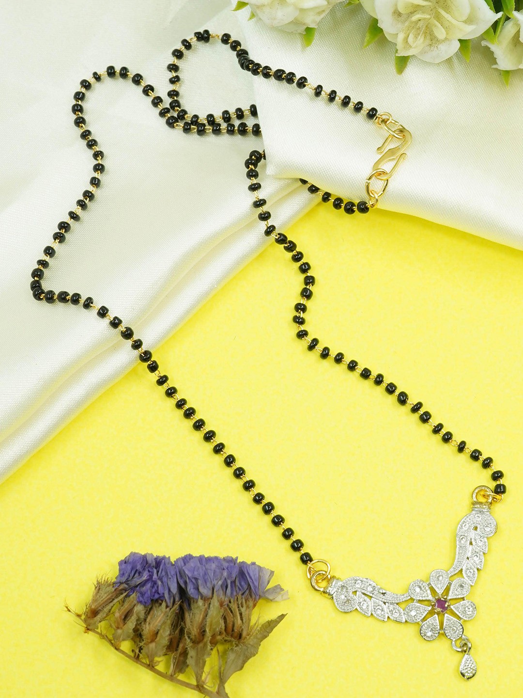 

GRIIHAM Gold-Plated Stones Studded & Beaded Mangalsutra, Black
