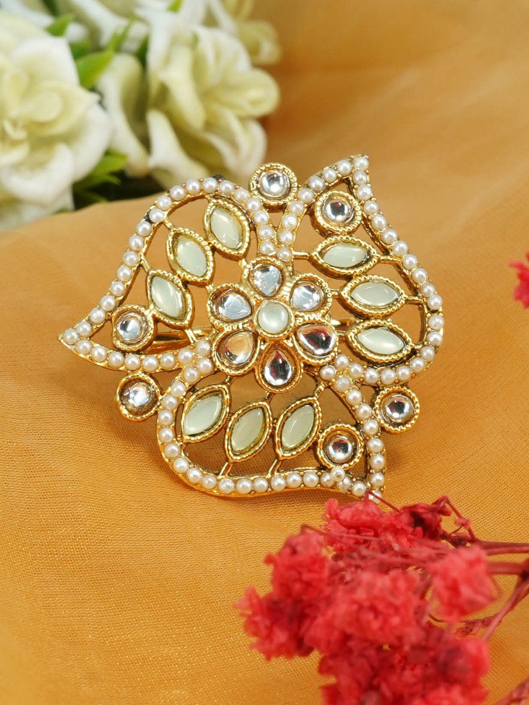 

GRIIHAM Gold Plated AD Studded Adjustable Finger Ring, White