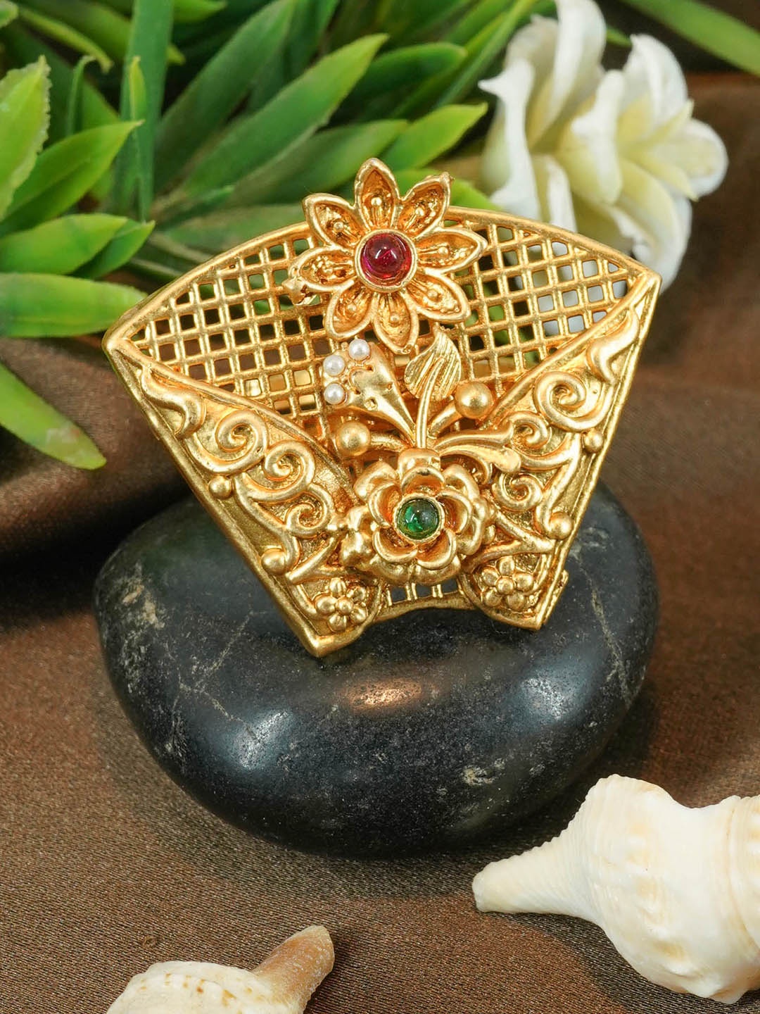 

GRIIHAM Gold-Plated AD-Studded & Beaded Antique Finger Ring