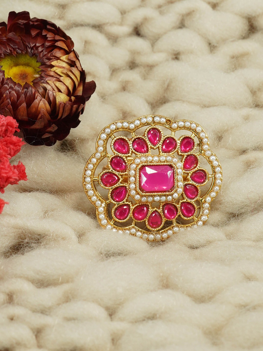 

GRIIHAM Gold-Plated AD-Studded Adjustable Finger Ring, Pink