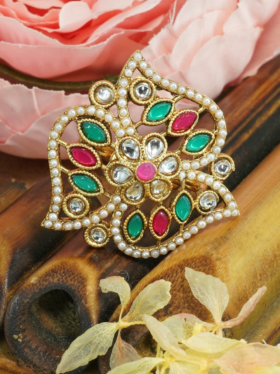 

GRIIHAM Gold-Plated AD Stone-Studded & Pearl Beaded Antique Designer Adjustable Finger Ring