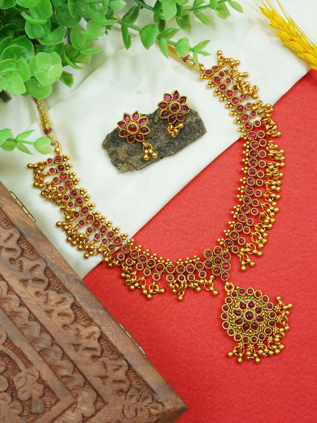 

GRIIHAM Gold-Plated & CZ-Studded Antique Jewellery Set