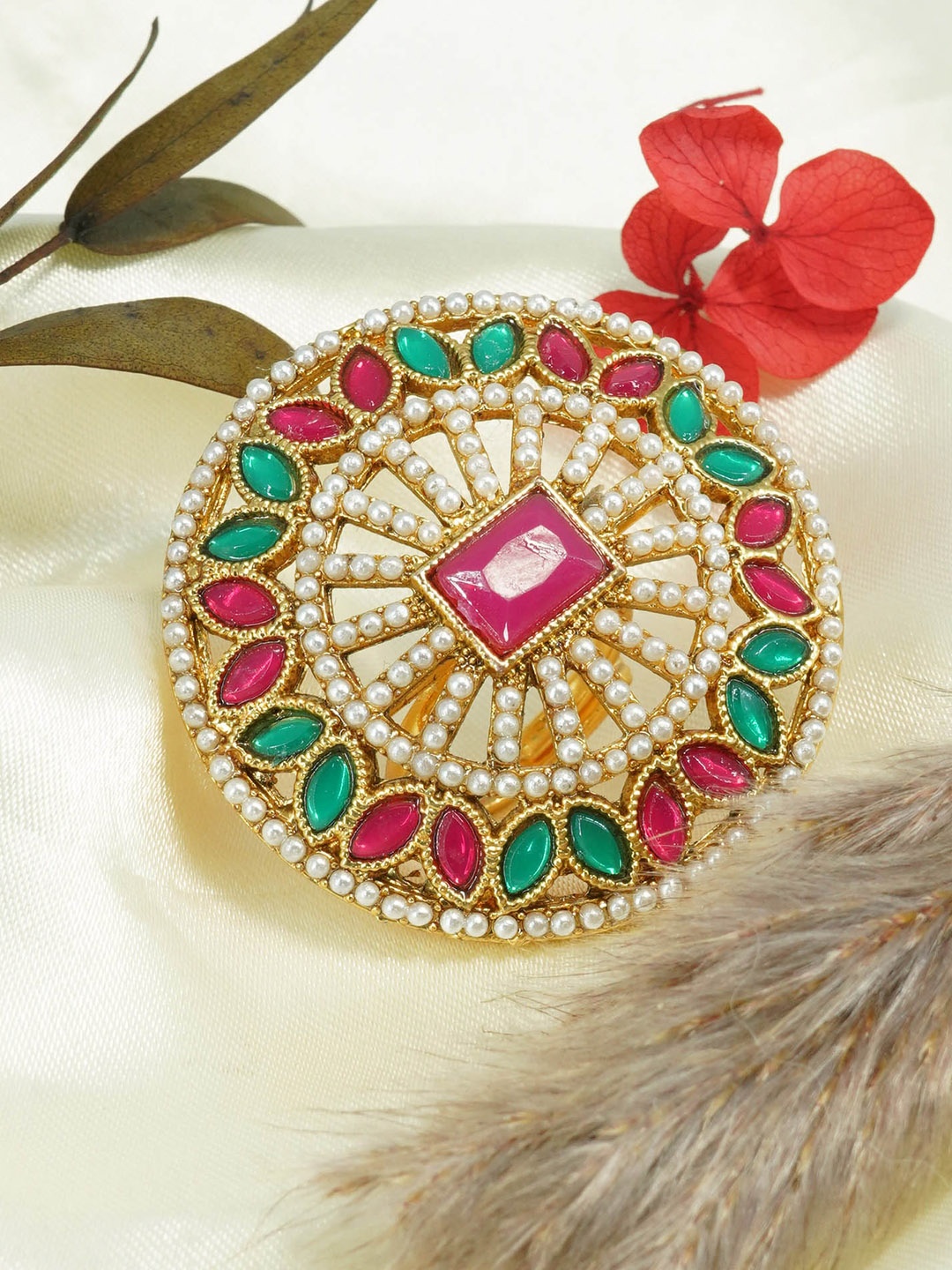 

GRIIHAM Gold-Plated AD-Studded & Beaded Antique Finger Ring