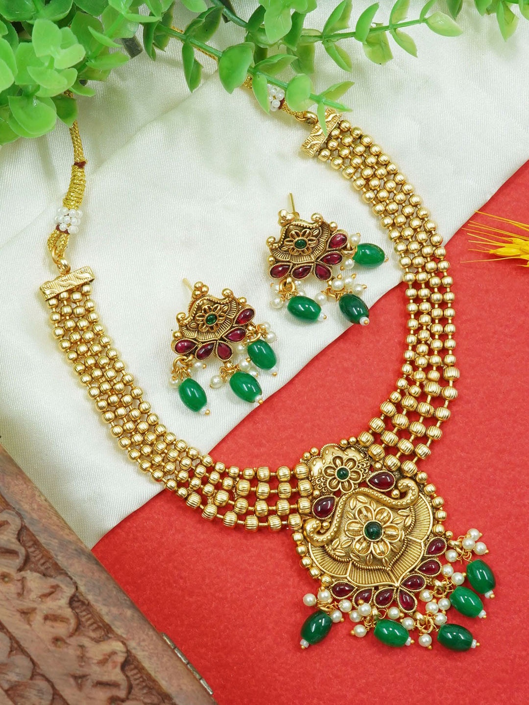 

GRIIHAM Gold-Plated AD-Studded & Beaded Jewellery Set
