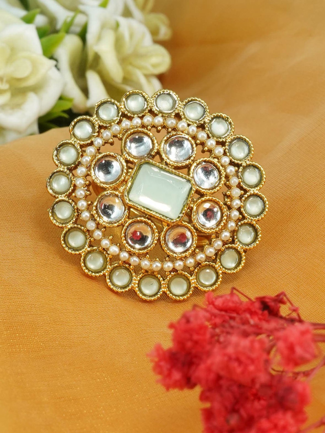 

GRIIHAM Gold-Plated Kundan-Studded & Pearl Beaded Adjustable Finger Ring