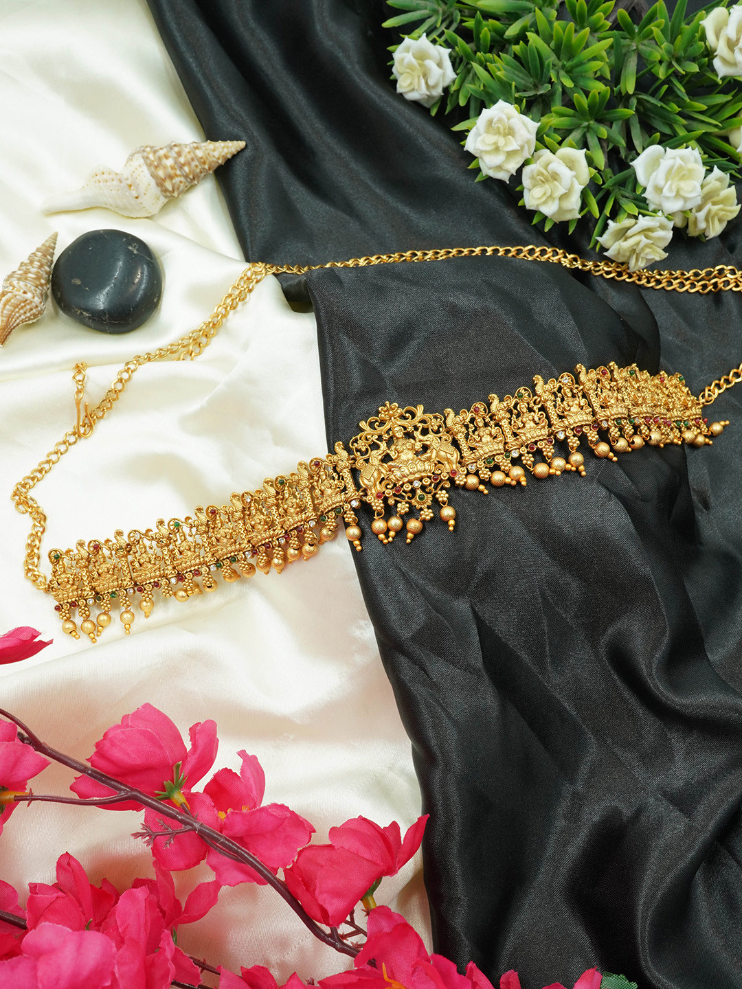 

GRIIHAM Gold-Plated CZ Studded & Beaded Waist Chain, Red