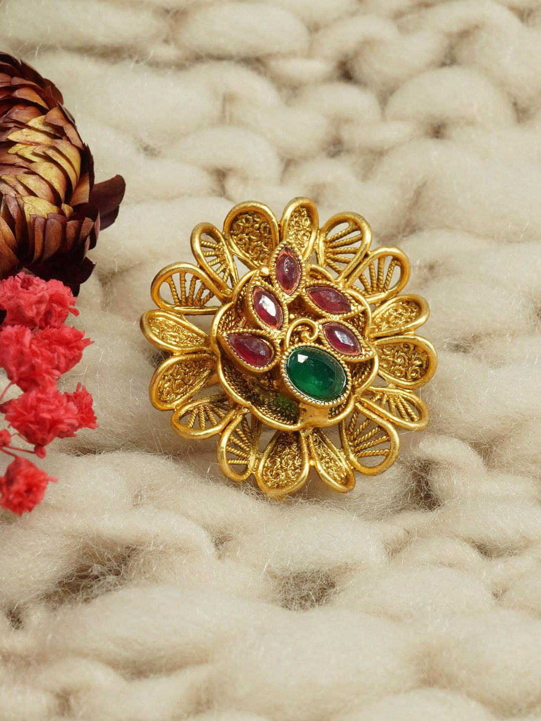 

GRIIHAM Gold-Plated AD Stone-Studded Antique Designer Adjustable Finger Ring, Green