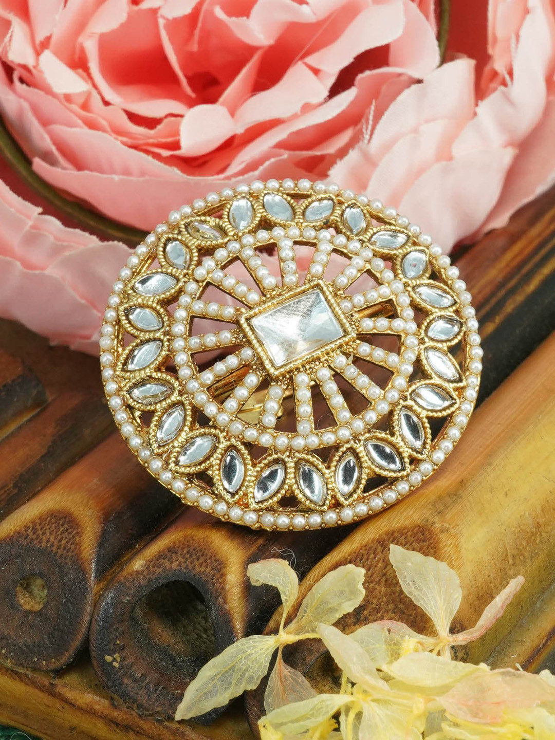 

GRIIHAM Gold-Plated Kundan Stone-Studded & Pearl Beaded Antique Designer Adjustable Finger Ring