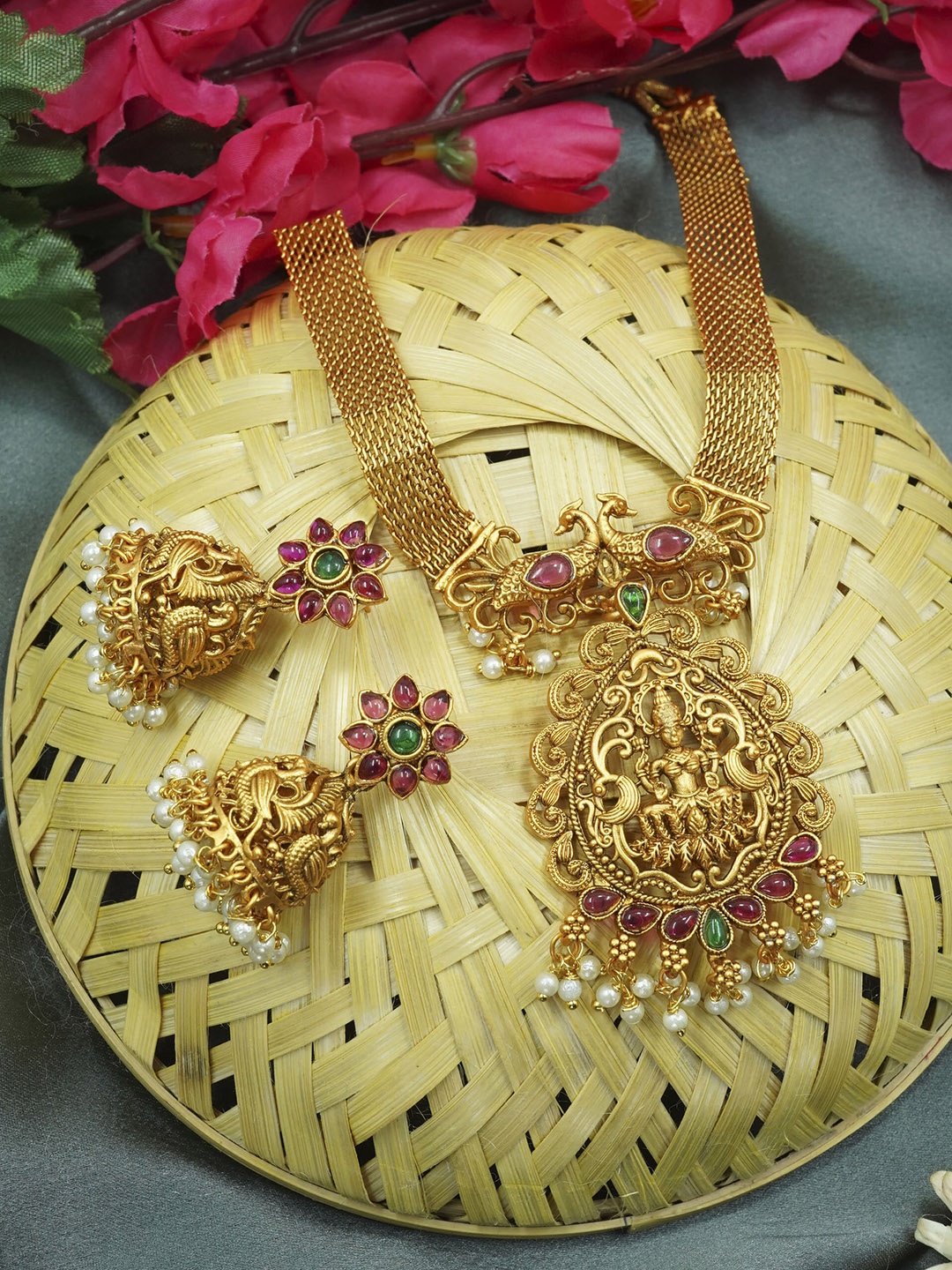 

GRIIHAM Gold Plated AD Studded Temple Jewellery Set, Red