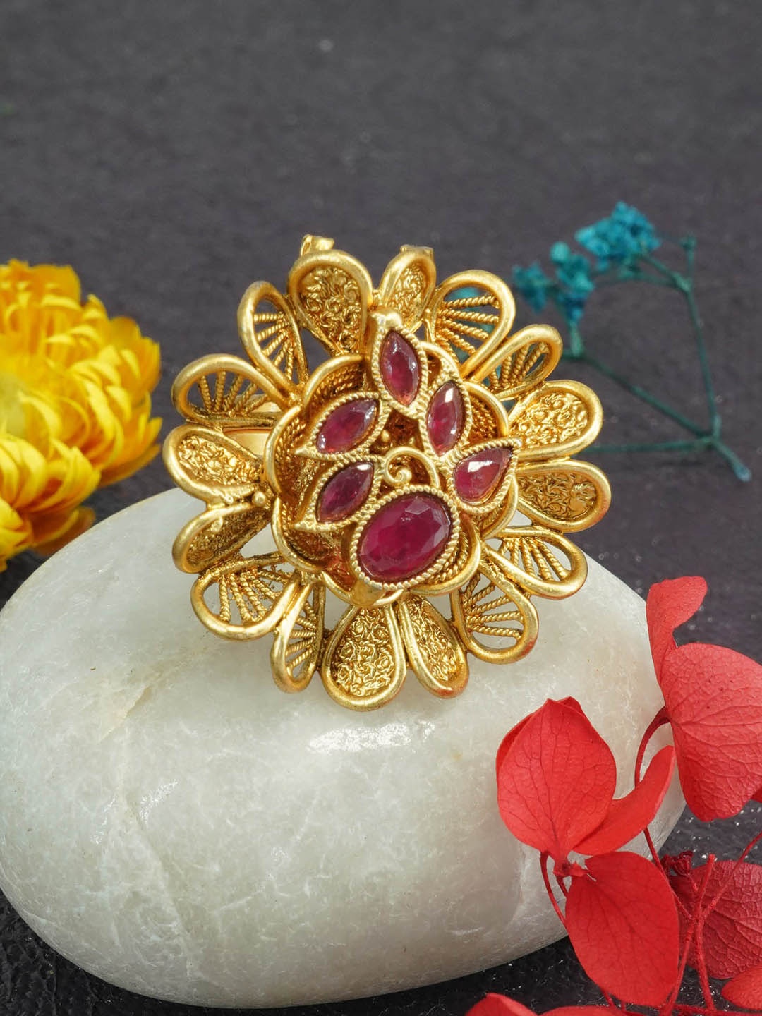 

GRIIHAM Gold-Plated Stone-Studded Adjustable Finger Ring