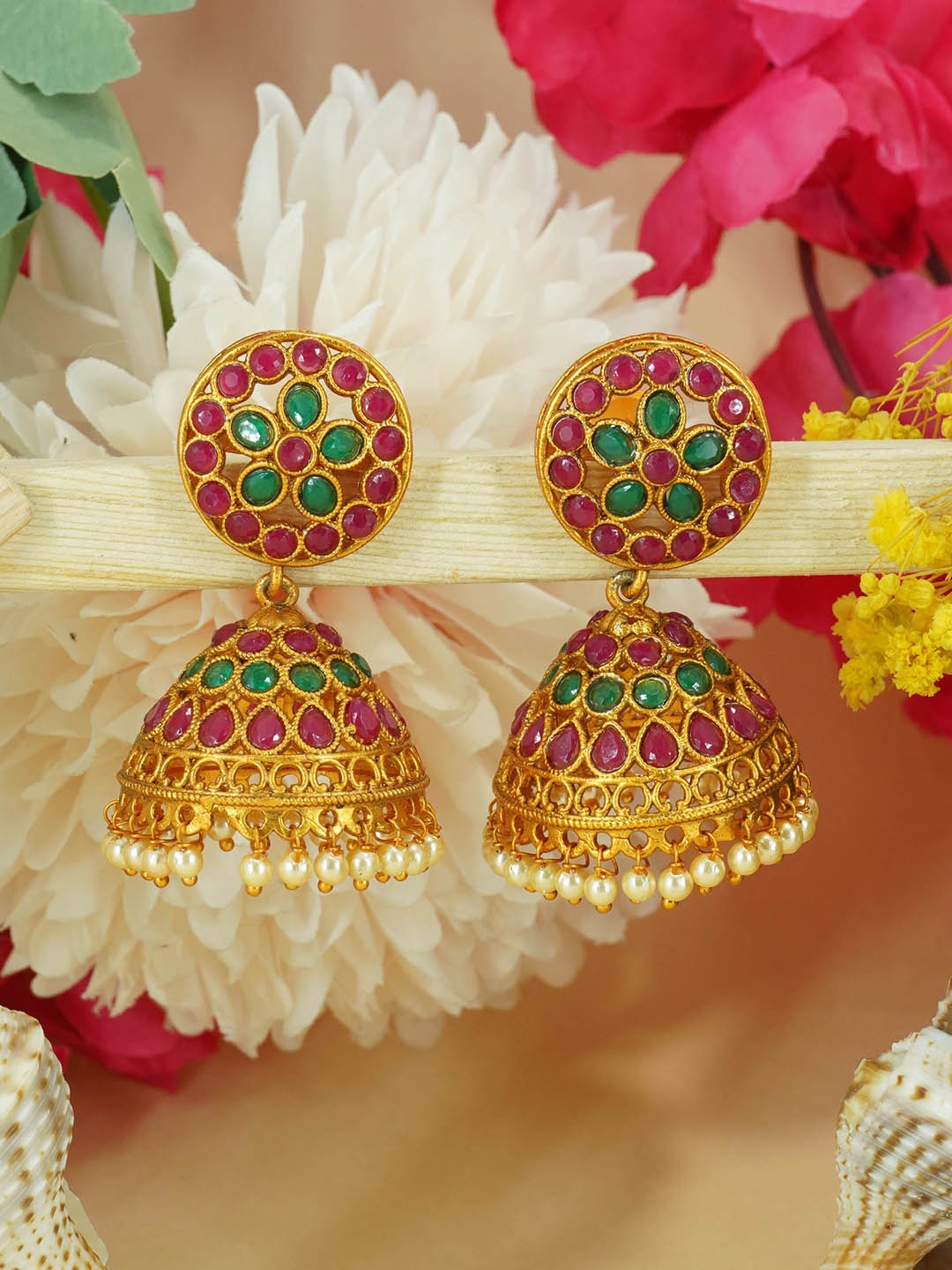 

GRIIHAM Gold Plated Contemporary Jhumkas Earrings, Red