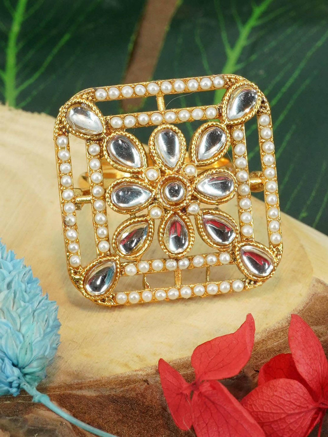 

GRIIHAM Gold-Plated Kundan Stone-Studded & Pearl Beaded Antique Designer Adjustable Finger Ring