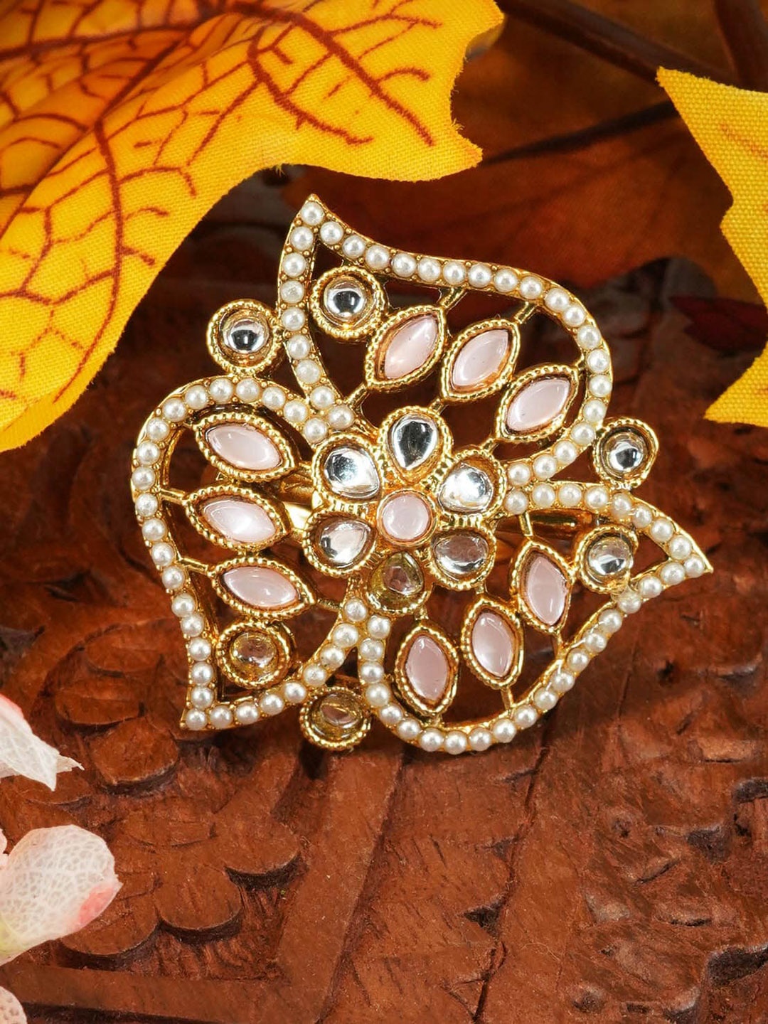 

GRIIHAM Antique Gold-Plated Stone-Studded & Pearl Beaded Adjustable Finger Ring