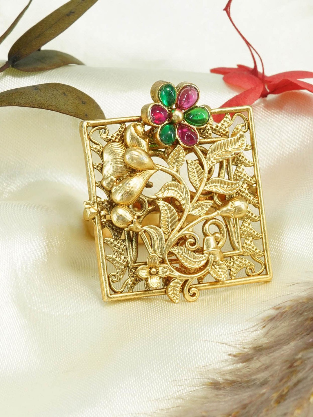 

GRIIHAM Gold-Plated Stone-Studded Adjustable Finger Ring