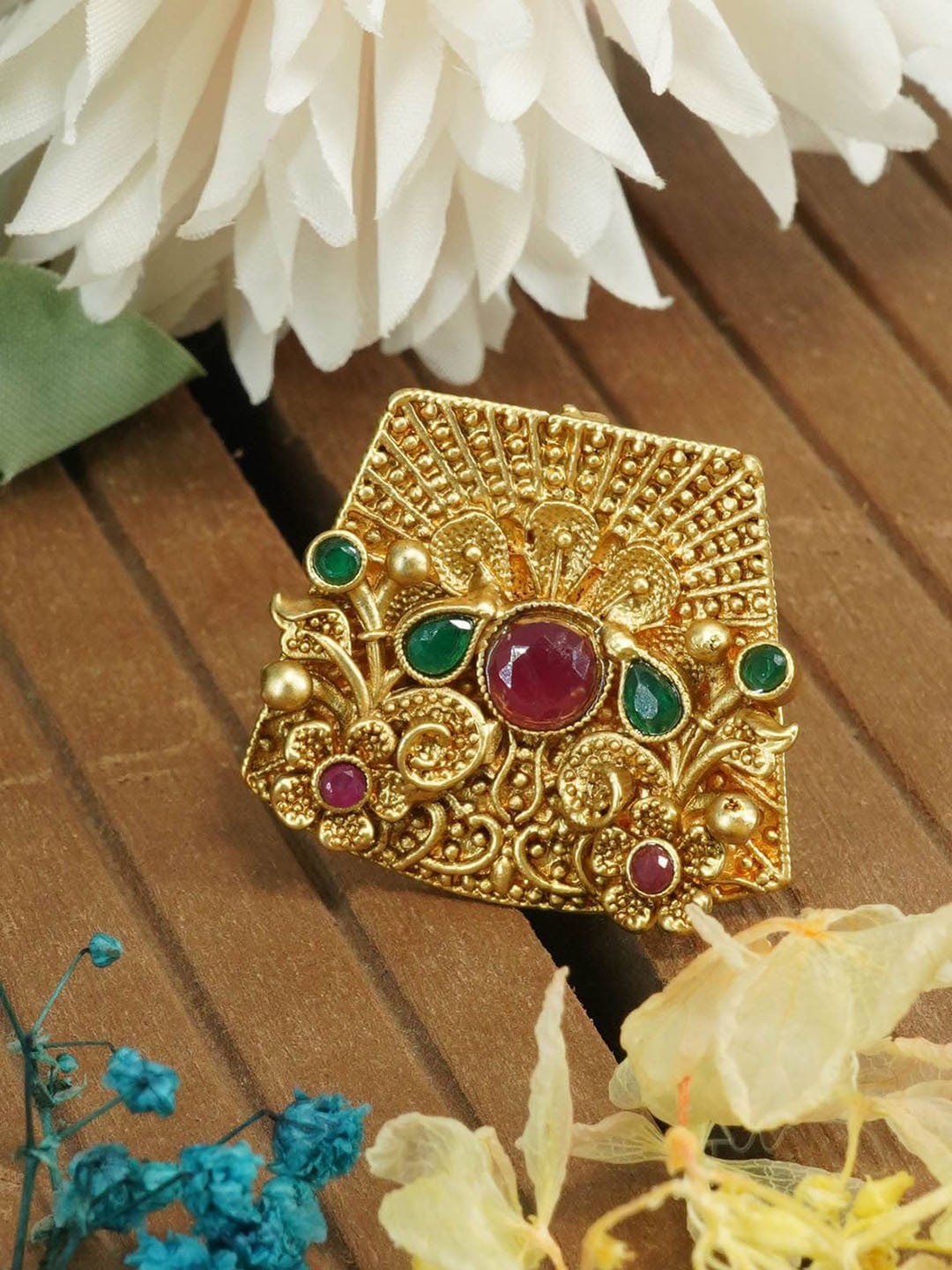 

GRIIHAM Gold-Plated & Stone-Studded Antique Designer Adjustable Finger Ring