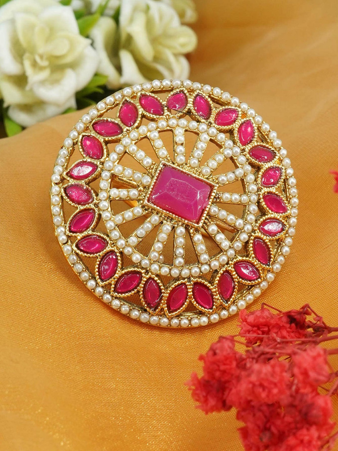 

GRIIHAM Gold-Plated AD-Studded & Beaded Antique Finger Ring