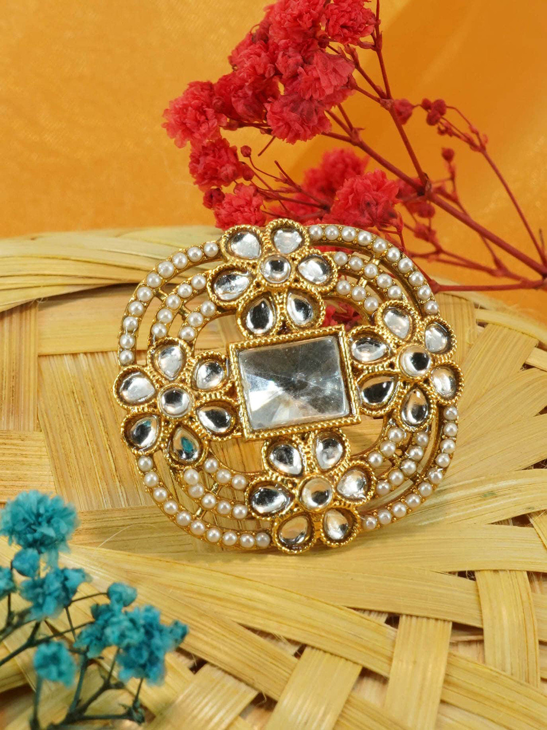 

GRIIHAM Gold-Plated Kundan-Studded & Pearl Beaded Adjustable Finger Ring