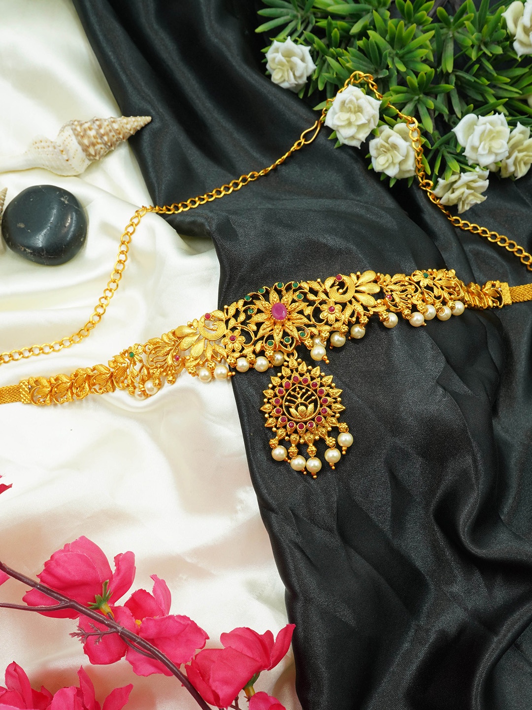 

GRIIHAM Gold Plated CZ-Studded & Beaded Kamarbandh, Red