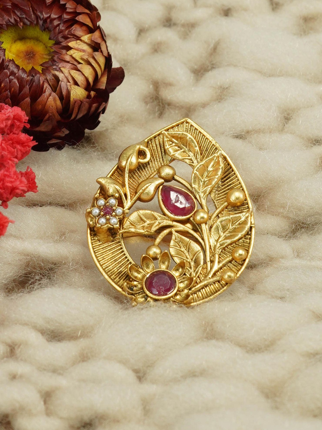 

GRIIHAM Gold-Plated & AD Stone-Studded Antique Designer Adjustable Finger Ring