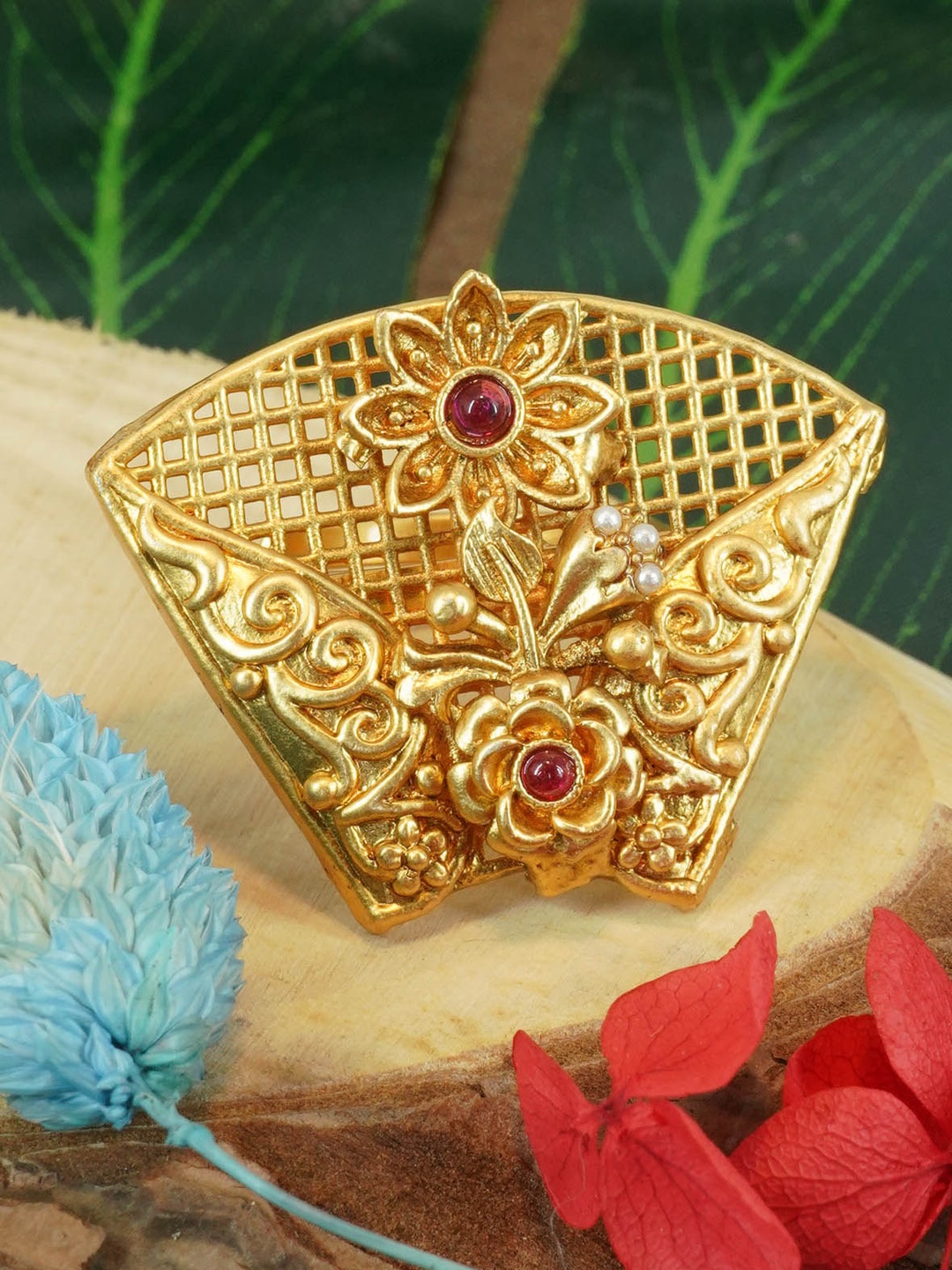 

GRIIHAM Gold-Plated & AD Stone-Studded Antique Designer Adjustable Finger Ring