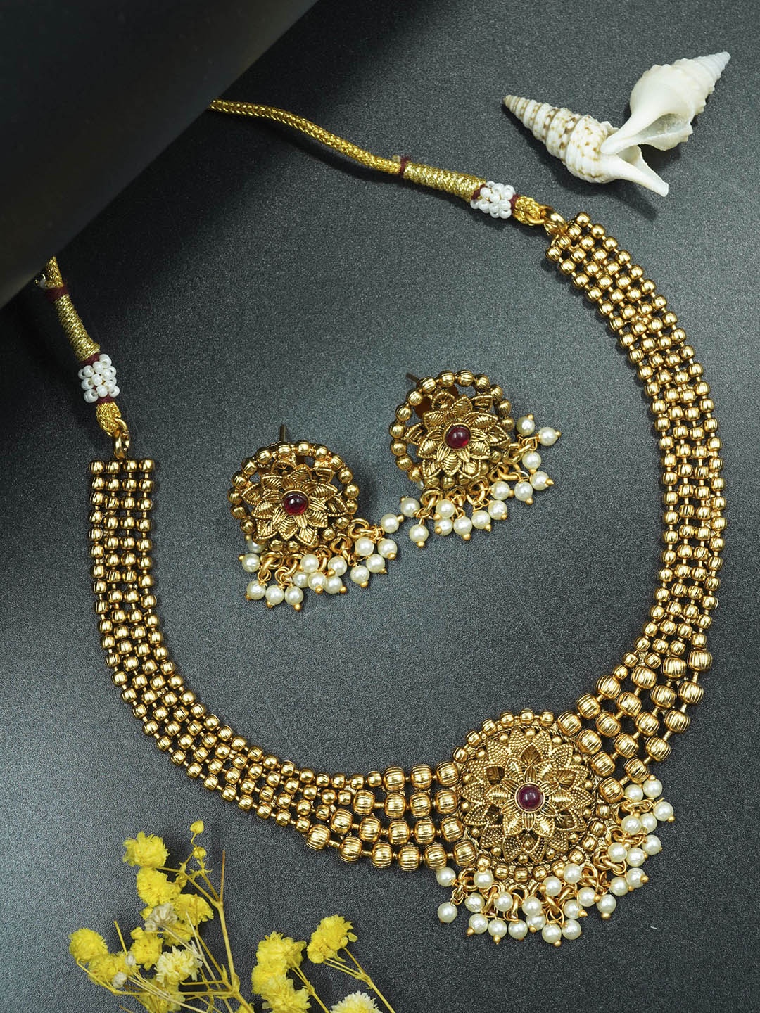 

GRIIHAM Gold-Plated American Diamond Studded & Beaded Jewellery Set, Pink