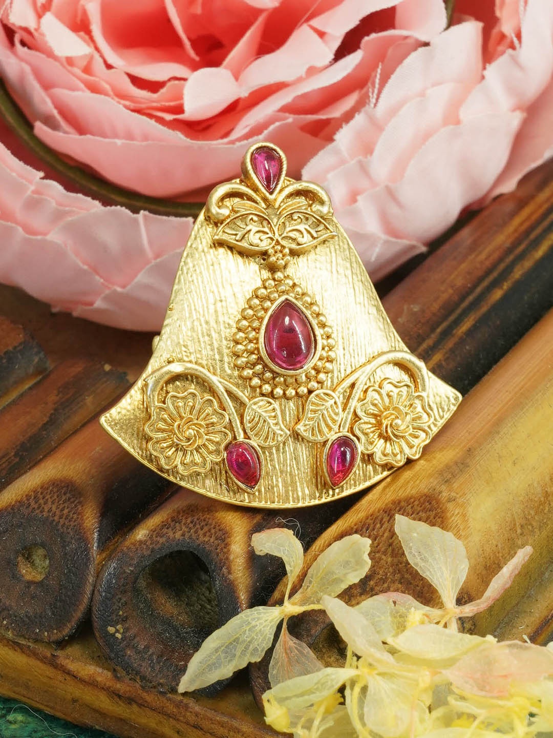 

GRIIHAM Gold-Plated & AD Stone-Studded Antique Designer Adjustable Finger Ring
