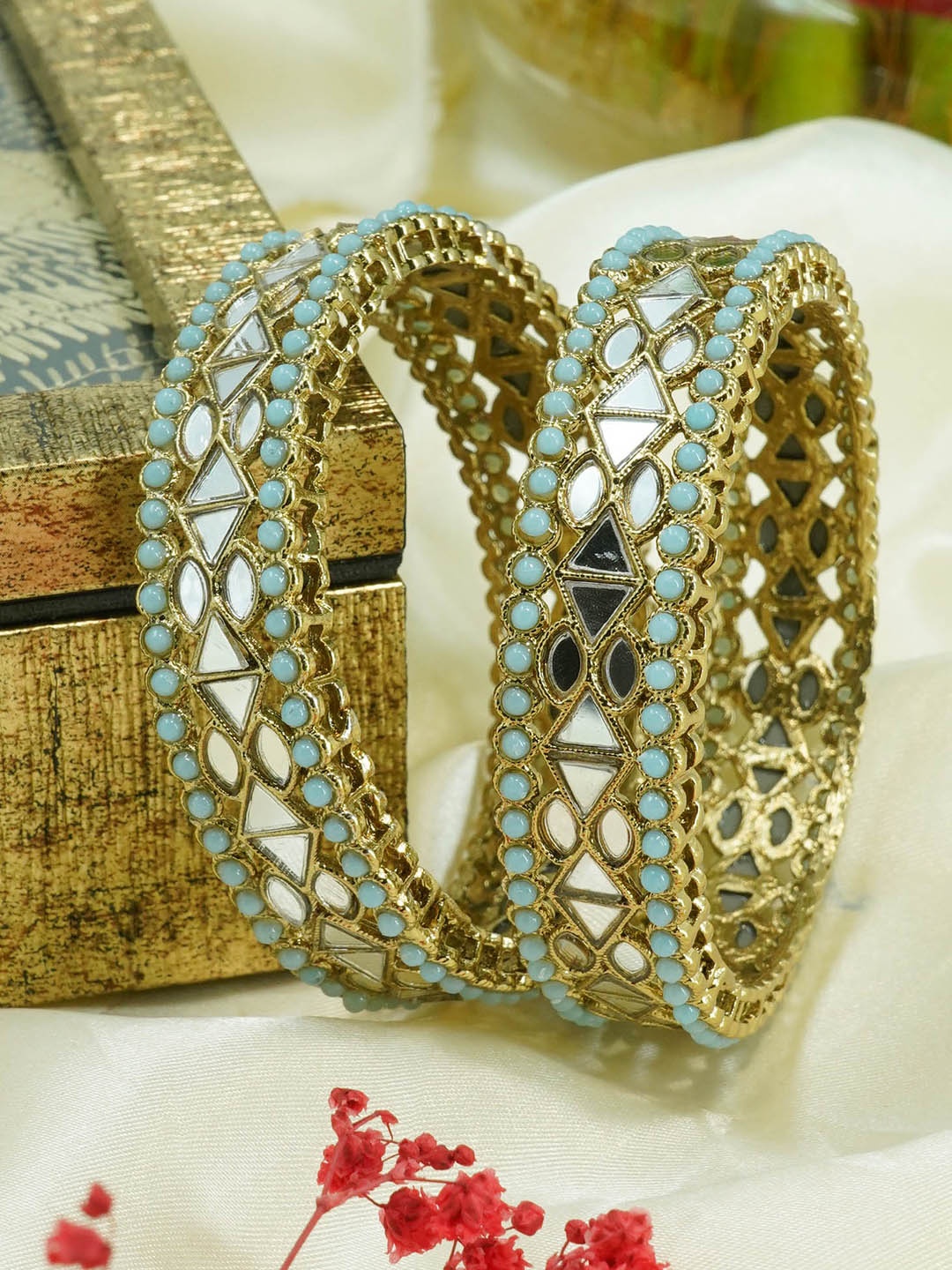 

GRIIHAM Set Of 2 Gold-Plated Mirror Work & Beaded Designer Bangles