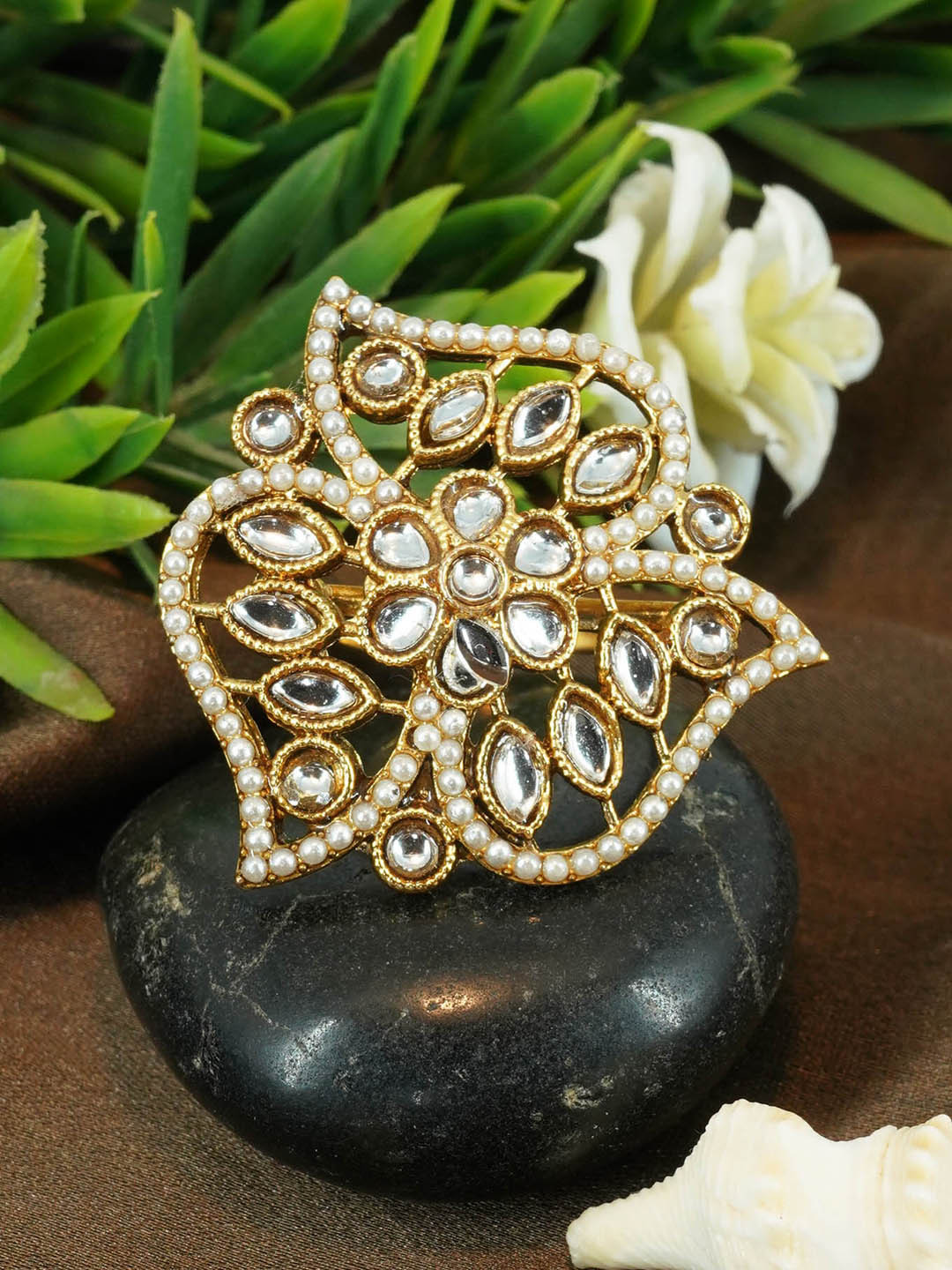 

GRIIHAM Gold-Plated Kundan-Studded Pearl Beaded Antique Designer Adjustable Finger Ring