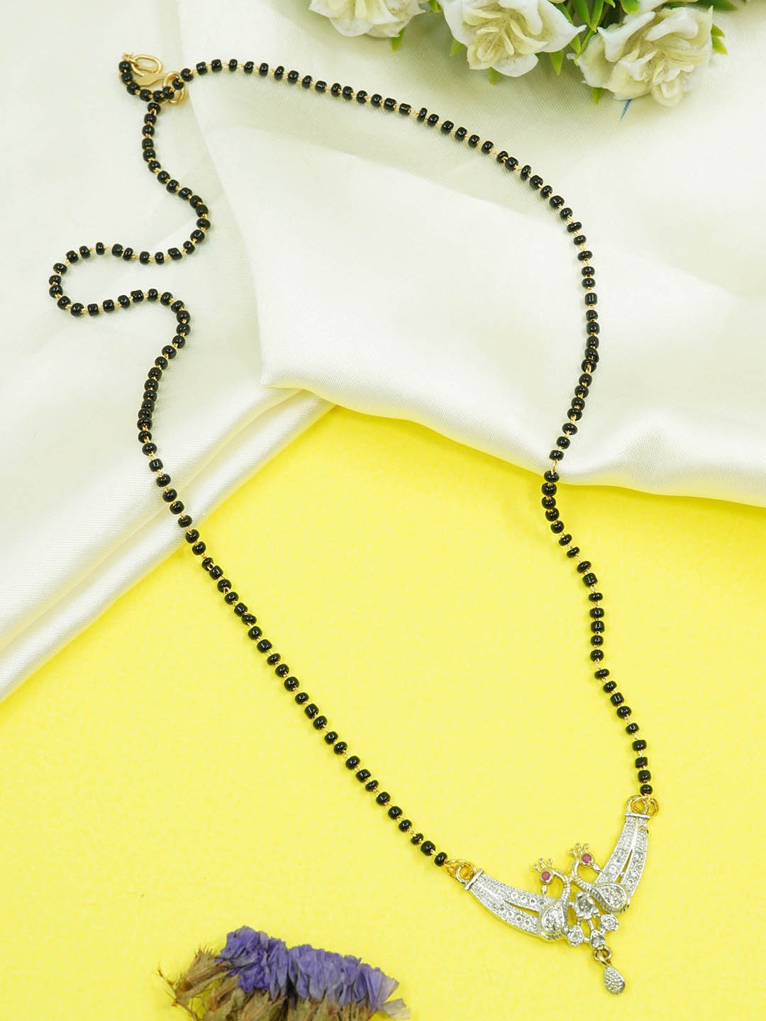 

GRIIHAM Gold-Plated Stone-Studded & Beaded Mangalsutra, Black