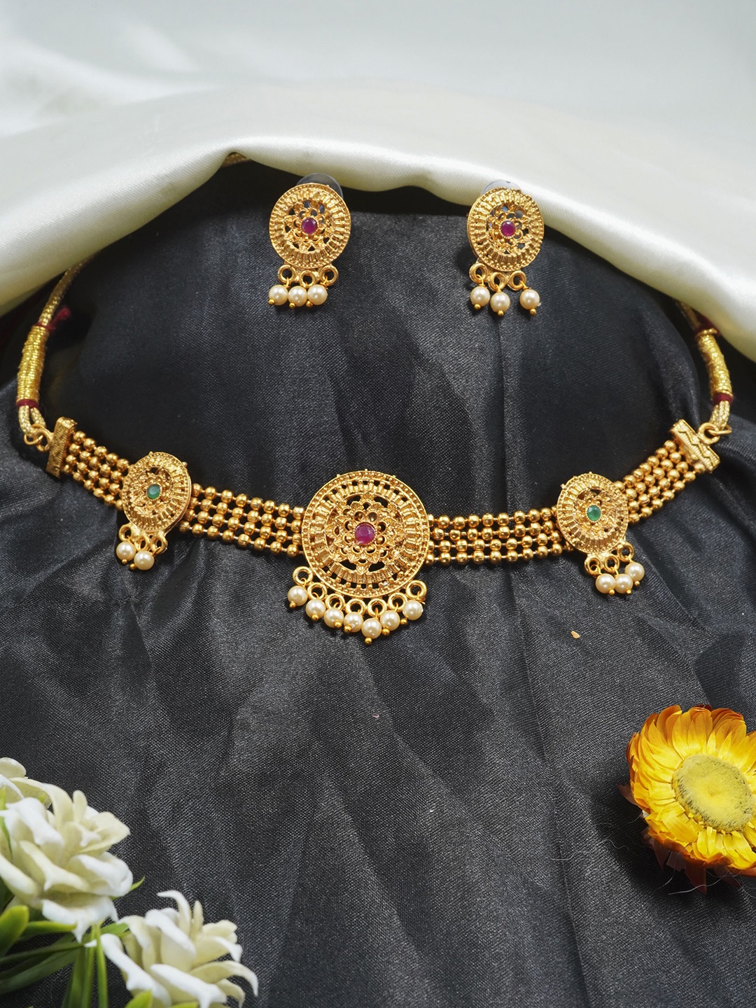 GRIIHAM Gold-Plated AD-Studded Jewellery Set, Pink