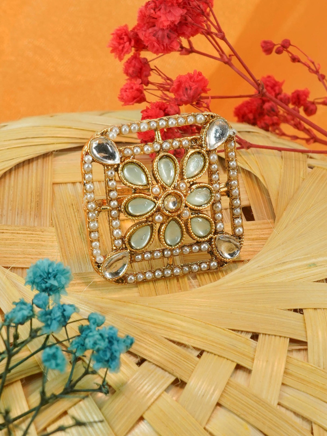 

GRIIHAM Gold Plated AD Studded Adjustable Finger Ring, White