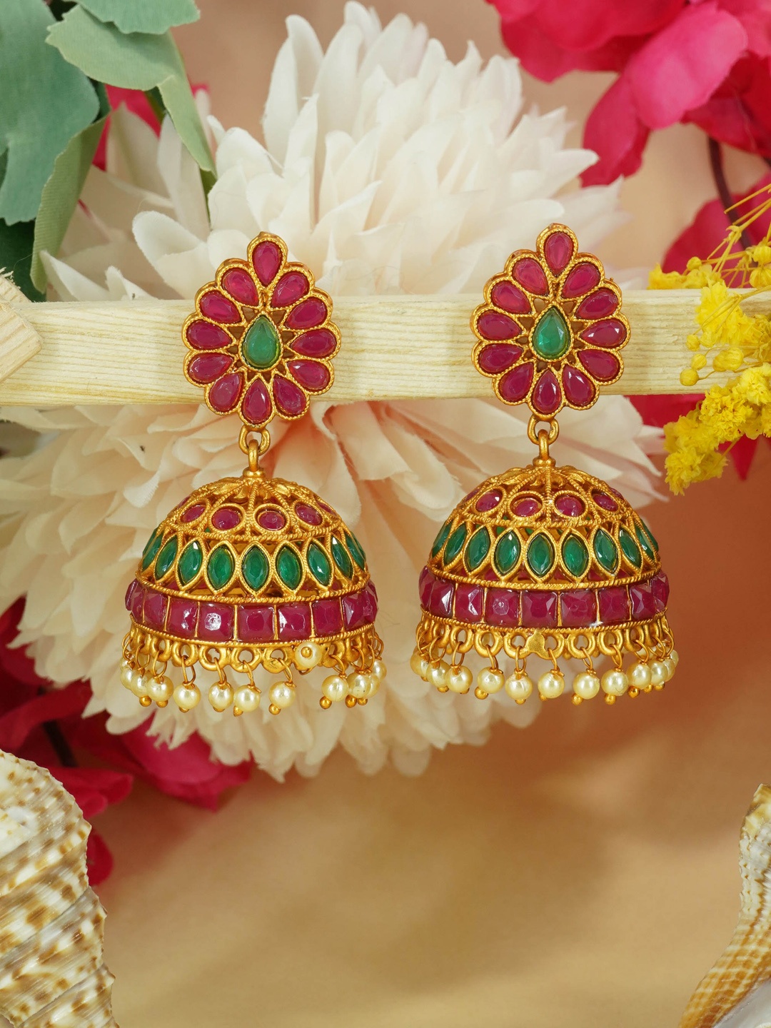 

GRIIHAM Gold Plated Dome Shaped Drop Earrings, Red