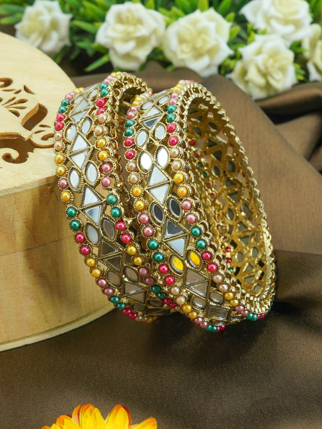 

GRIIHAM Women Set Of 2 Gold-Plated AD Stone Studded Bangles, Multi