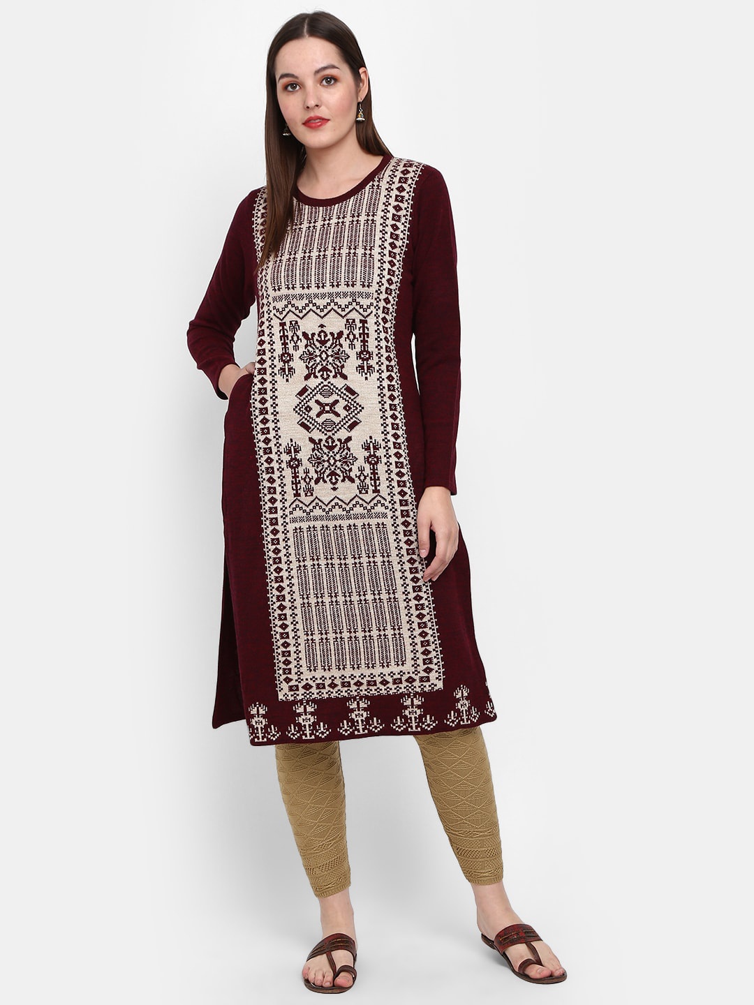 

V-Mart Women Ethnic Motifs Woven Design Jacquard Acrylic Kurta, Maroon