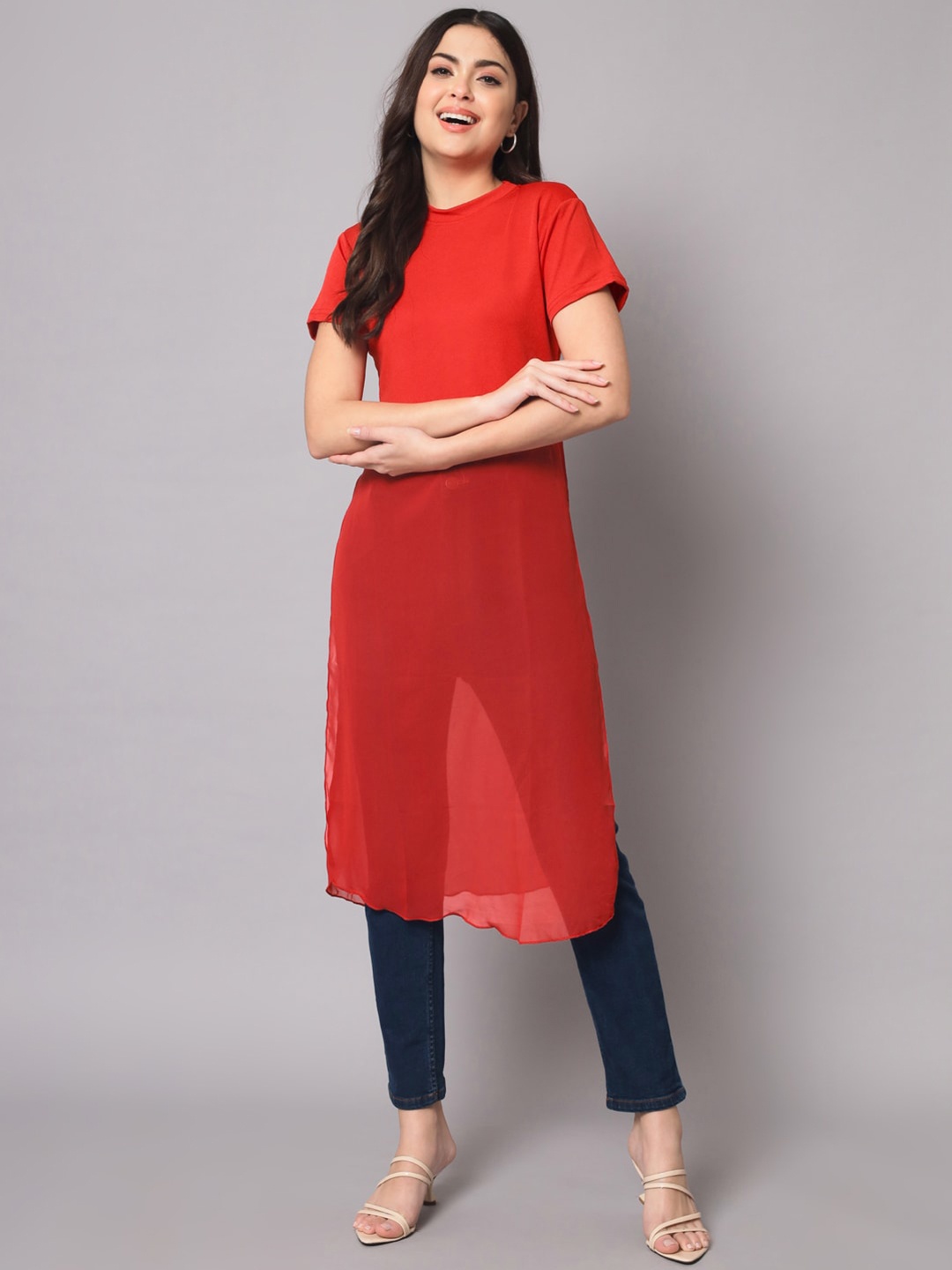 

AAHWAN Longline Round Neck Top, Red