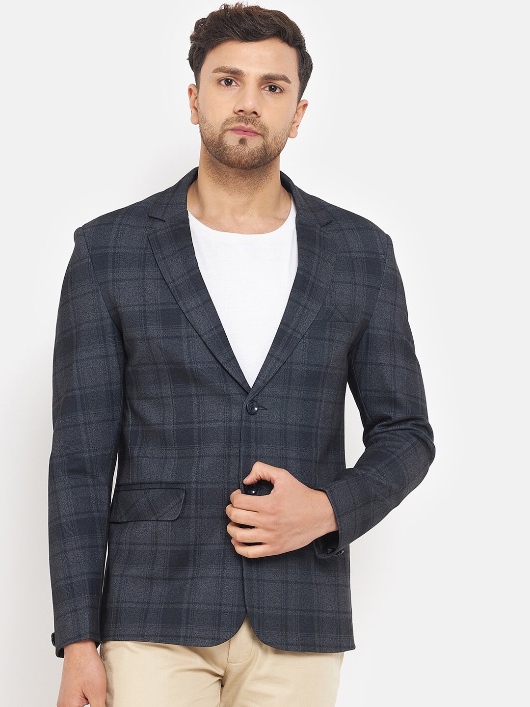 

Okane Men Checked Single-Breasted Blazer, Navy blue