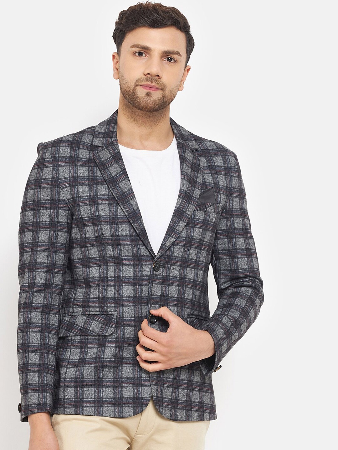 

Okane Men Checked Single-Breasted Blazer, Black