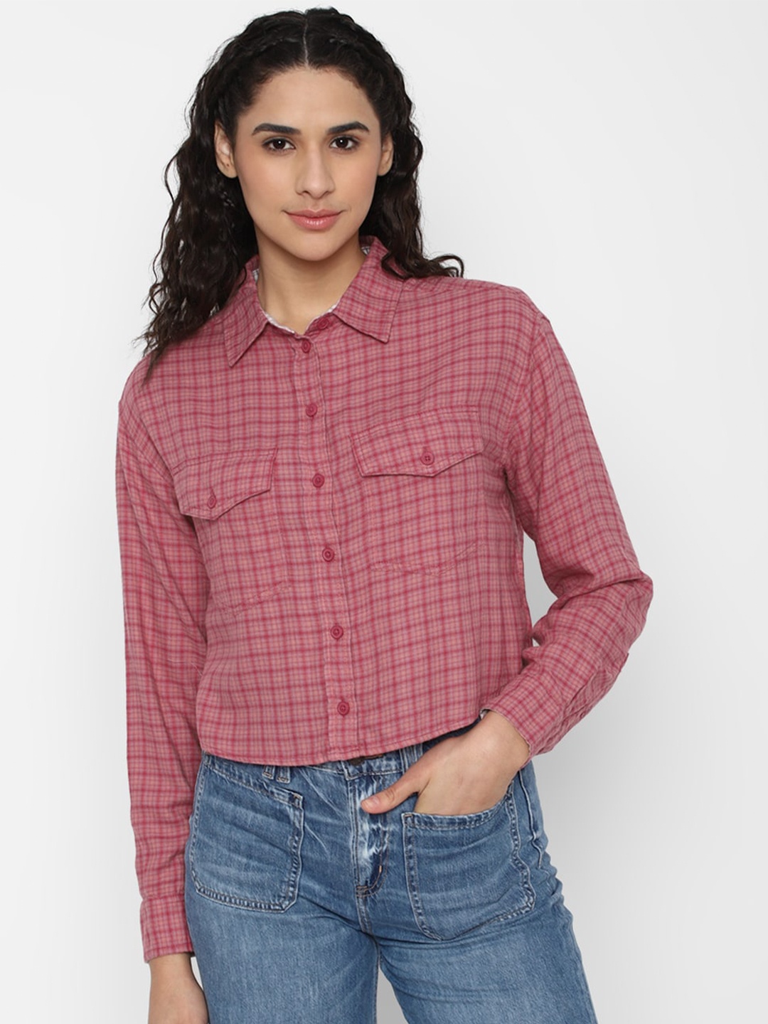 

AMERICAN EAGLE OUTFITTERS Women Slim Fit Checked Casual Cotton Shirt, Pink