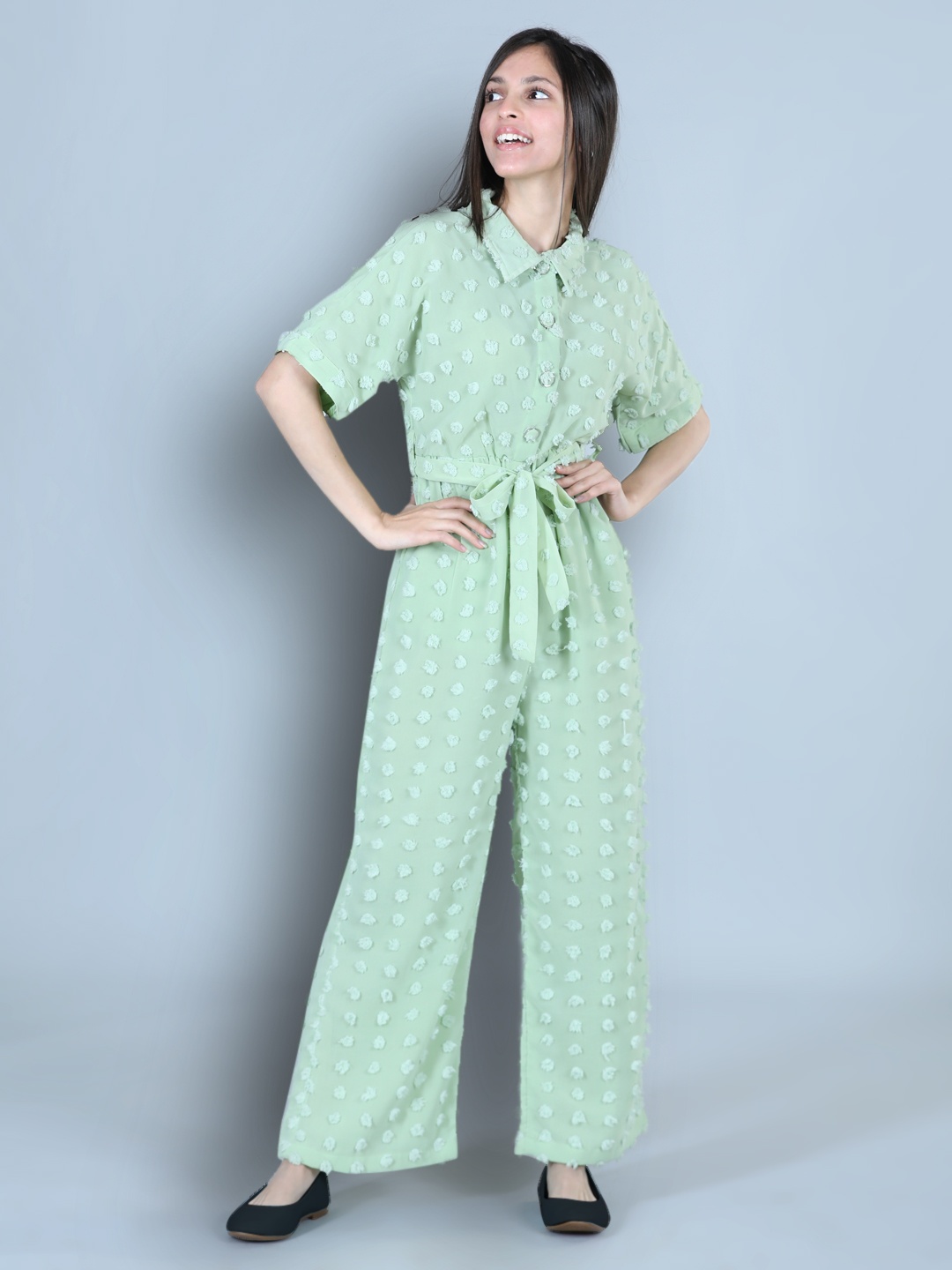 

Cutiekins Girls Self Design Shirt Collar Basic Jumpsuit, Sea green
